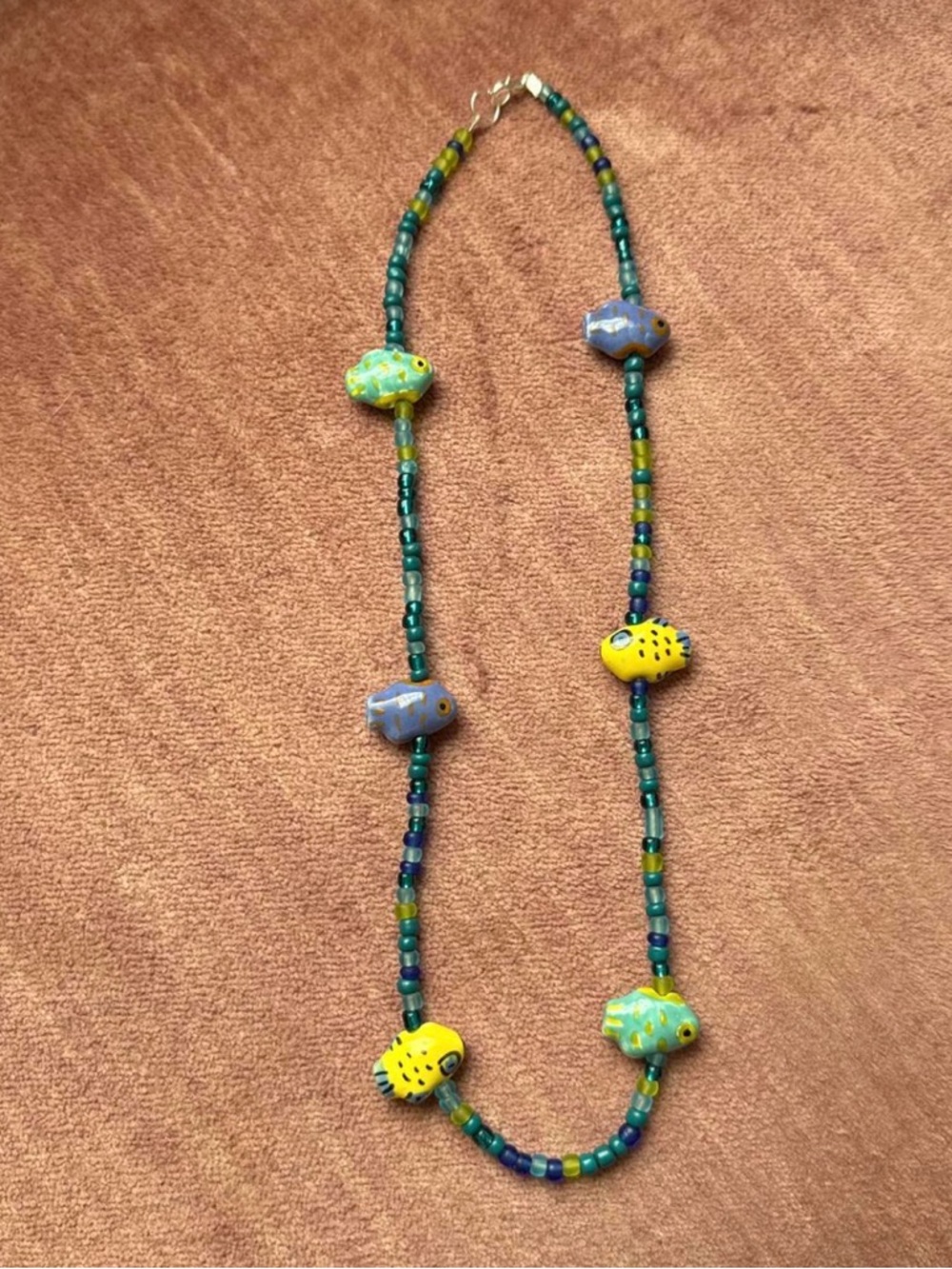 Handmade Beaded Fish Necklace - Yellow & Teal